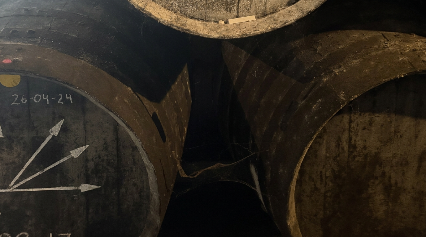 Sherry casks resting in the dark cellar of a historic bodega